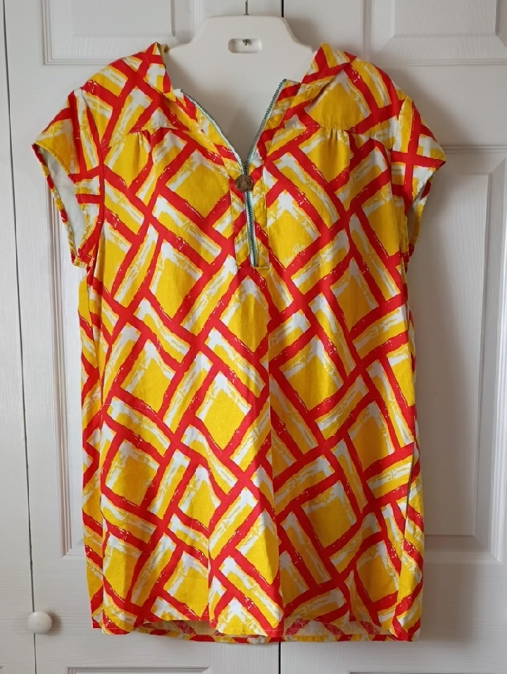 Tracy Feith Yellow Red White Geometric Mini Dress with Hood